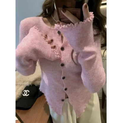 Autumn Hotsweet Long Sleeve Single Breasted Cardigans Gyaru Color Knitting O-neck Sweater