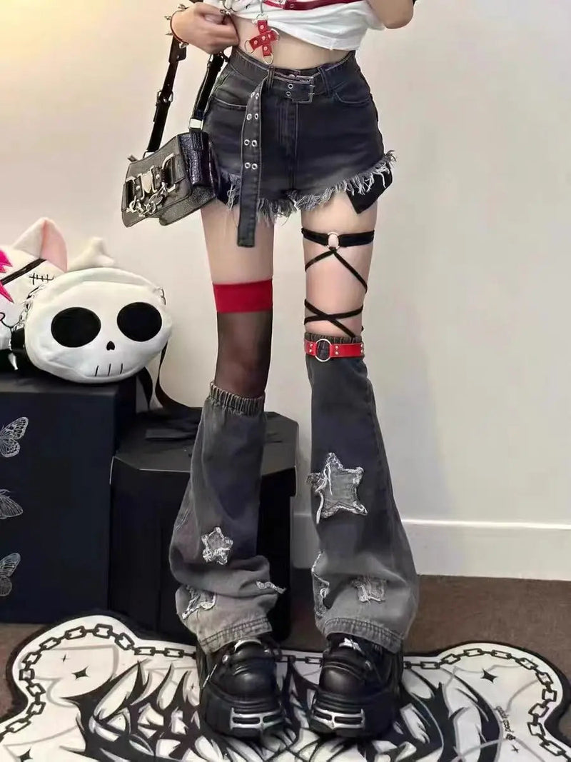 Harajuku Y2k Millennium Spicy Girl Retro Hairy Slim Denim Shorts for Summer Low Waist Jeans Star Patch Leg Covers