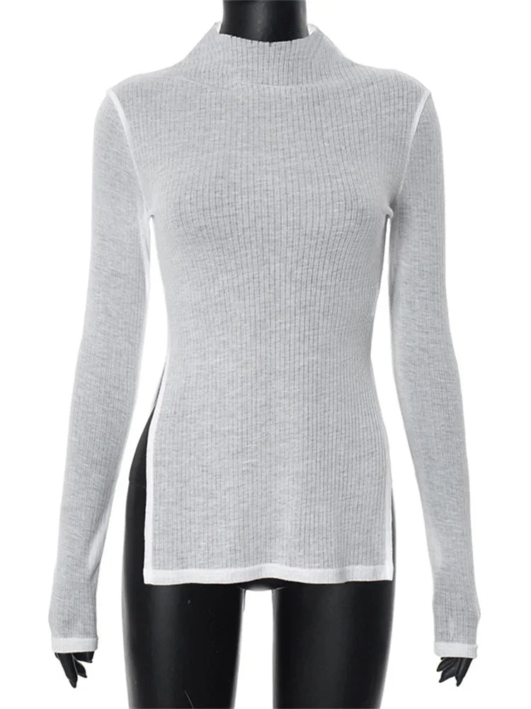 White Knitwear See-through T-shirt Pullover Female Hollow Out Slim Loose Long Sleeve Tee Patchwork Top Tee