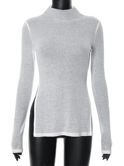 White Knitwear See-through T-shirt Pullover Female Hollow Out Slim Loose Long Sleeve Tee Patchwork Top Tee