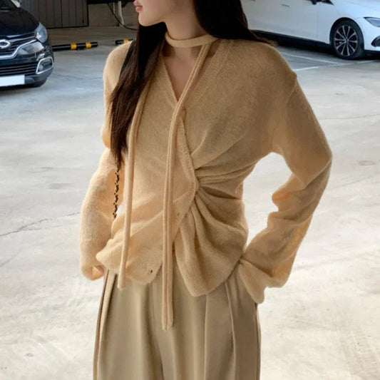 Vneck Singlebreasted Pleated Longsleeved Cardigan Autumn New High Street Pleated Laceup Color Tops