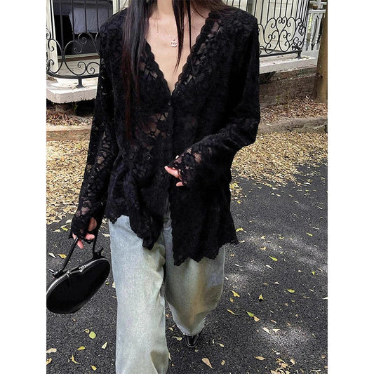 Y2k Lace Sheer Black Shirts Hollow Out White Blouses Korean Aesthetic Long Sleeve Sun Protection Tops