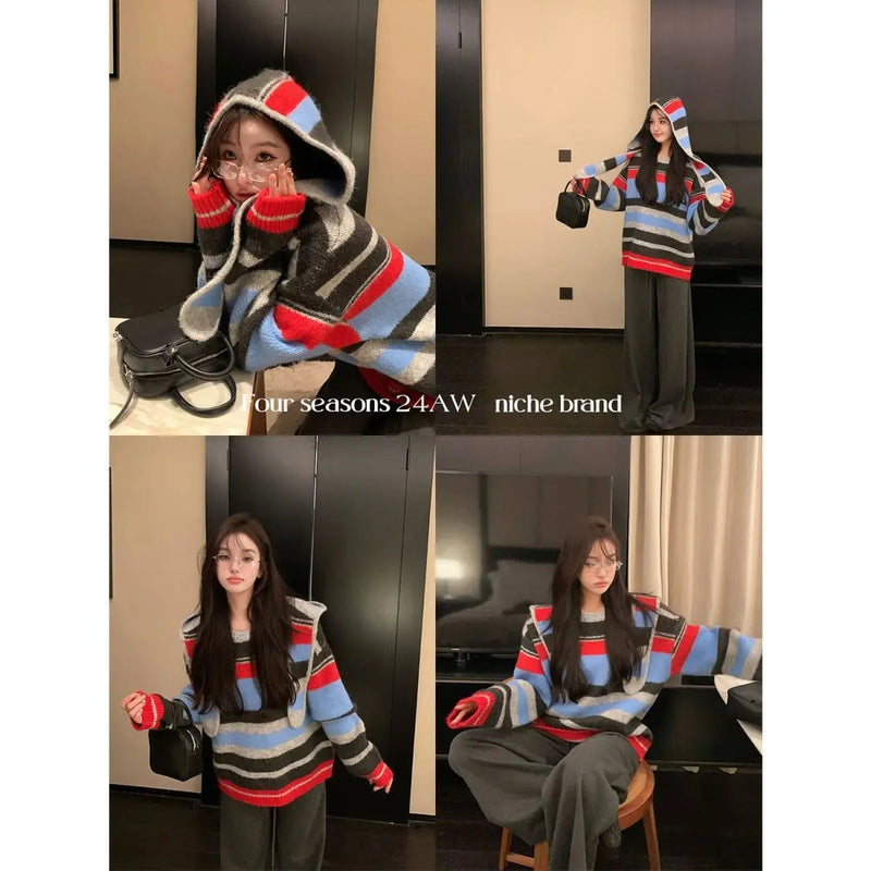 New Retro Detachable Hooded Lazy Style Striped Sweater Female Autumn/winter Loose Knitted Pullovers Sweaters Tops