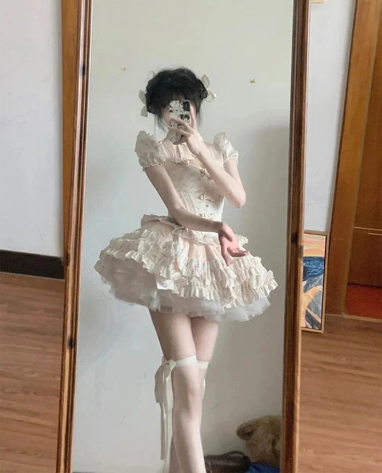 French Temperament Princess Skirt Sets Sweet Bow Strapless Slim Top Ball Gown Skirt Short Sleeve Coat Lolita Threepiece Sets