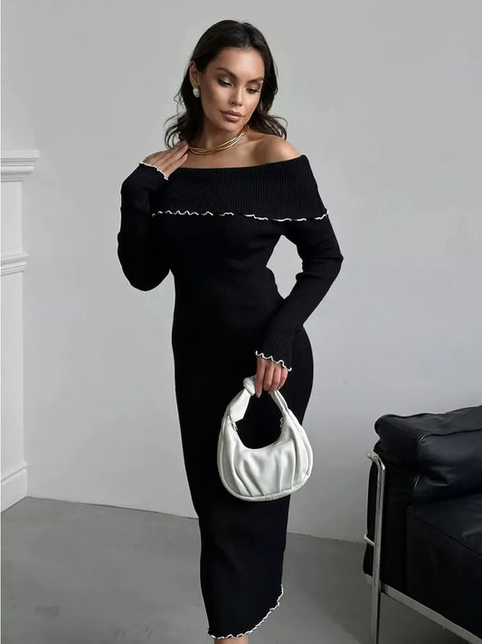 Fall Winter One-shoulder Long Knit Dress Slim Fungus Splice Contrast Color Sweater Female Club Party Dresses