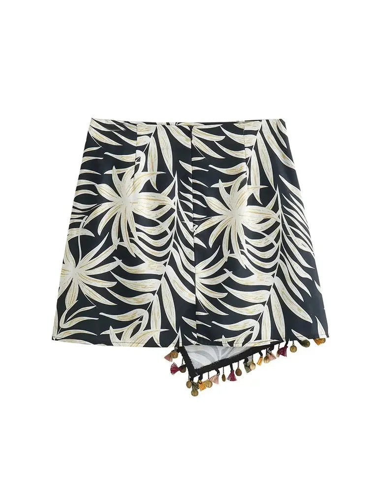 Summer Asymmetric Tassel Mini Skirts Printed Zipper Short Skirt Wrinkle Female Wrap Skirt