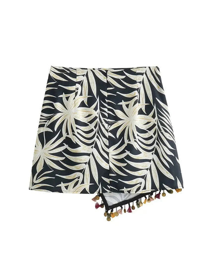 Summer Asymmetric Tassel Mini Skirts Printed Zipper Short Skirt Wrinkle Female Wrap Skirt