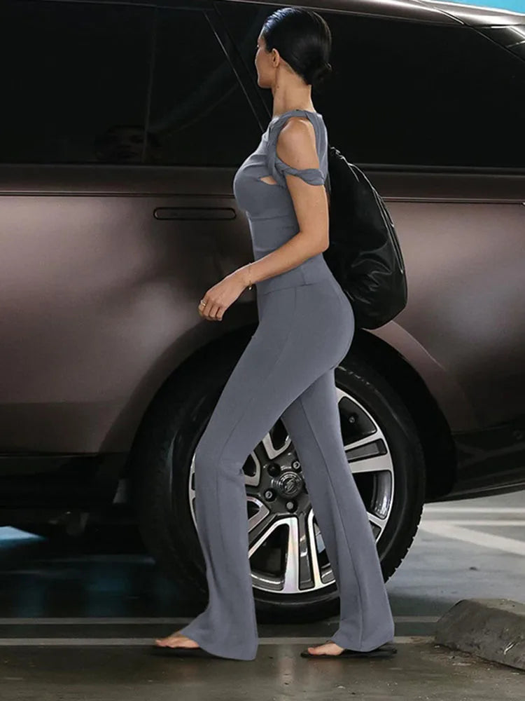 One Shoulder Backless Pants Suit Summer Color Slim Pants Suit ’s Pants Suit 2-piece Set