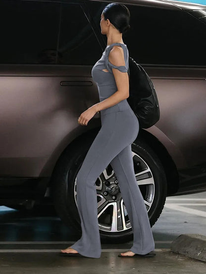 One Shoulder Backless Pants Suit Summer Color Slim Pants Suit ’s Pants Suit 2-piece Set