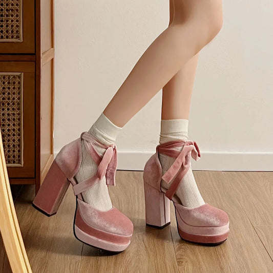 Spring Summer Pumps Double Platform Thick High Heels Velvet Ankle Strap Sweet Pumps Lolita Pink Shoes