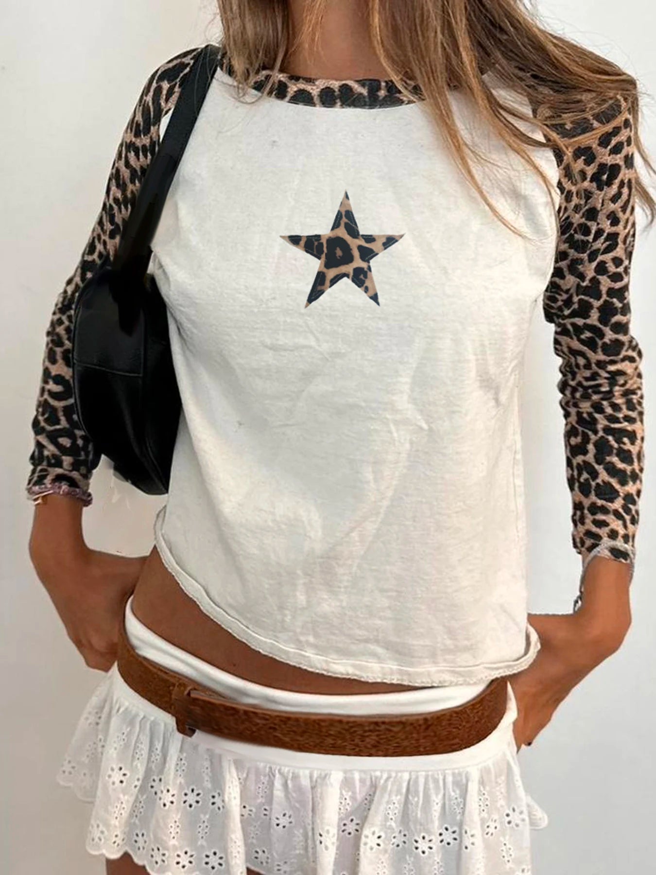 Leopard Patchwork ��s Long Sleeve T-shirts O-neck Start Leopard Prints Top Tees Autumn New ��s Clothes