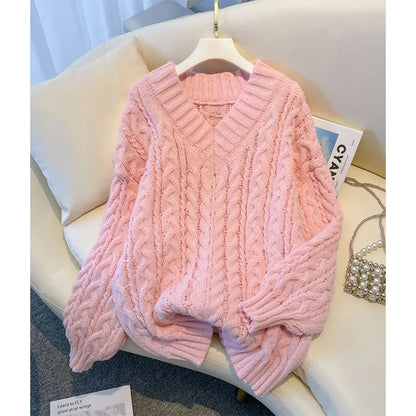 Harajuku Sweater Oversized Pink V Neck Knitted Pullovers Korean Long Sleeve Knitwear Winter Jumpers