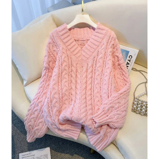 Harajuku Sweater Oversized Pink V Neck Knitted Pullovers Korean Long Sleeve Knitwear Winter Jumpers
