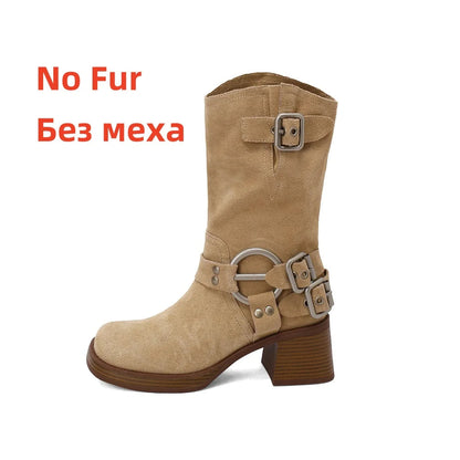 Cow Suede Leather Midcalf Boots Thick High Heels Autumn Winter Warm High Boots Motorcycle Boots Shoes
