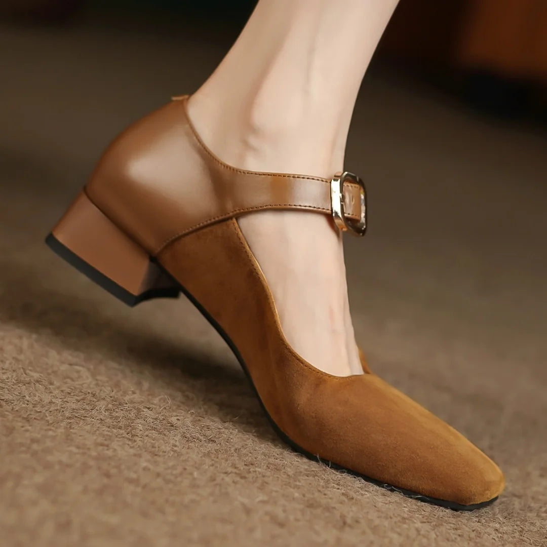 Genuine Leather Patchwork Metal Buckle Slipon Mary Jane Flats Soft Comfortable Retro Shoes