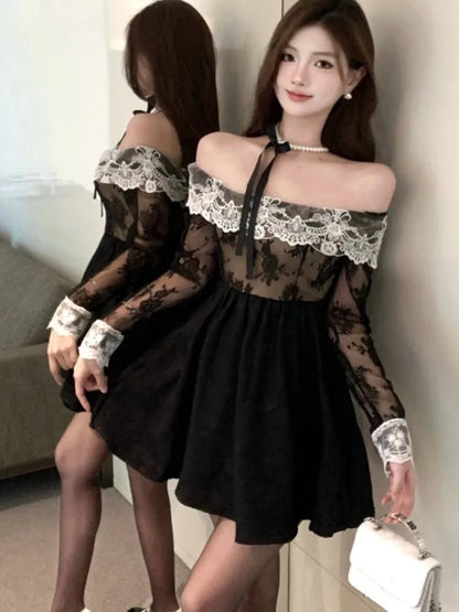 Y2k Sweet Black Mini Dresses for Slash Neck Lace Patchwork Slim Waist Aline Korean Short Vestidos Mujer