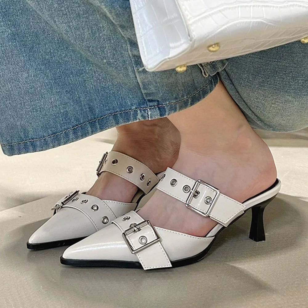 Pumps Belt Buckle Pointed Toe Black High Heel Mule Summer Slides Half Slipper Shoes for Big Size 43
