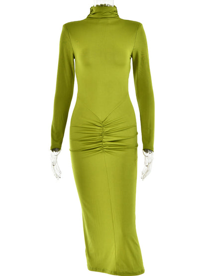 High Neck Long Sleeve Elastic Tight Dress for Folds Bodycon Wrap Hip Midi Dress Female Party Club Evening Dress