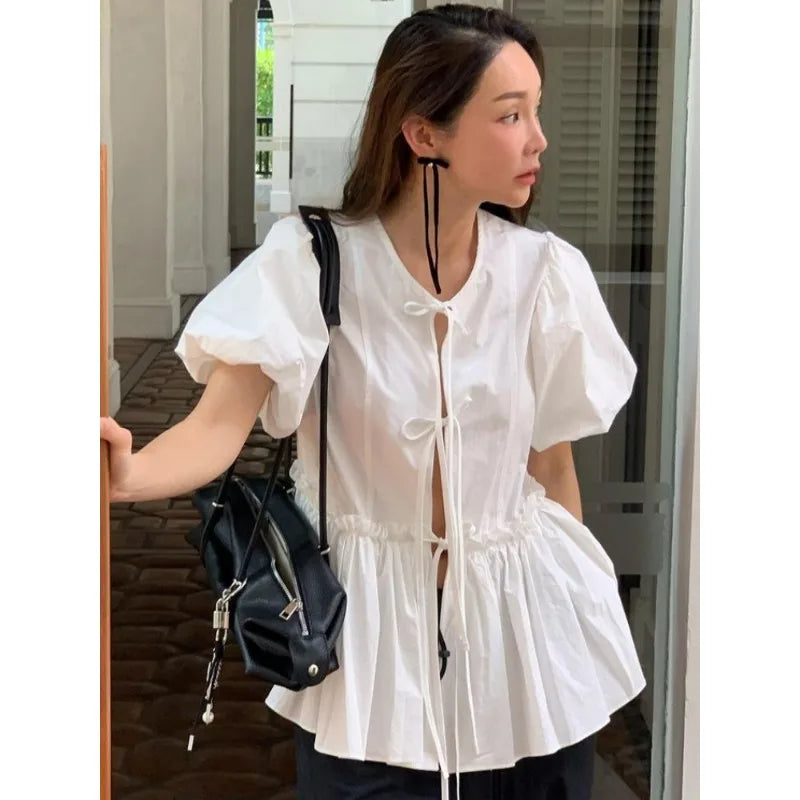 Allmatch Oneck Lace Up Blusas Mujer Summer New Ruched Shirts Y2k Puff Sleeve White Loose Blouses