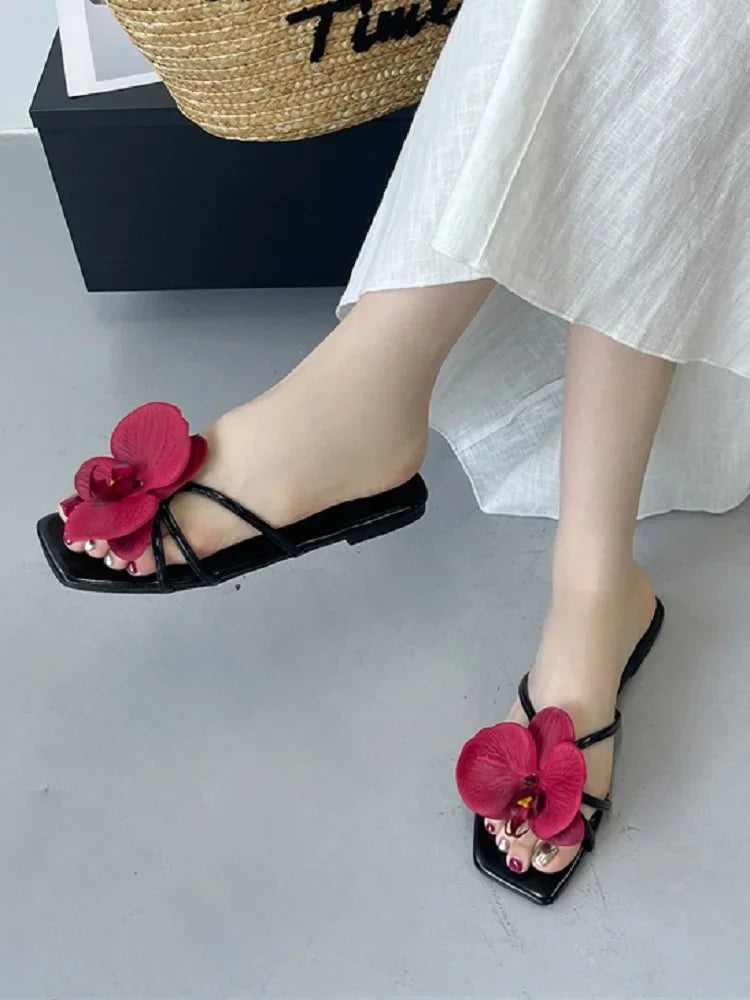 Summer Flower Narrown Band Low Heels Slippers Square Toe Beach Shoes Size 3543