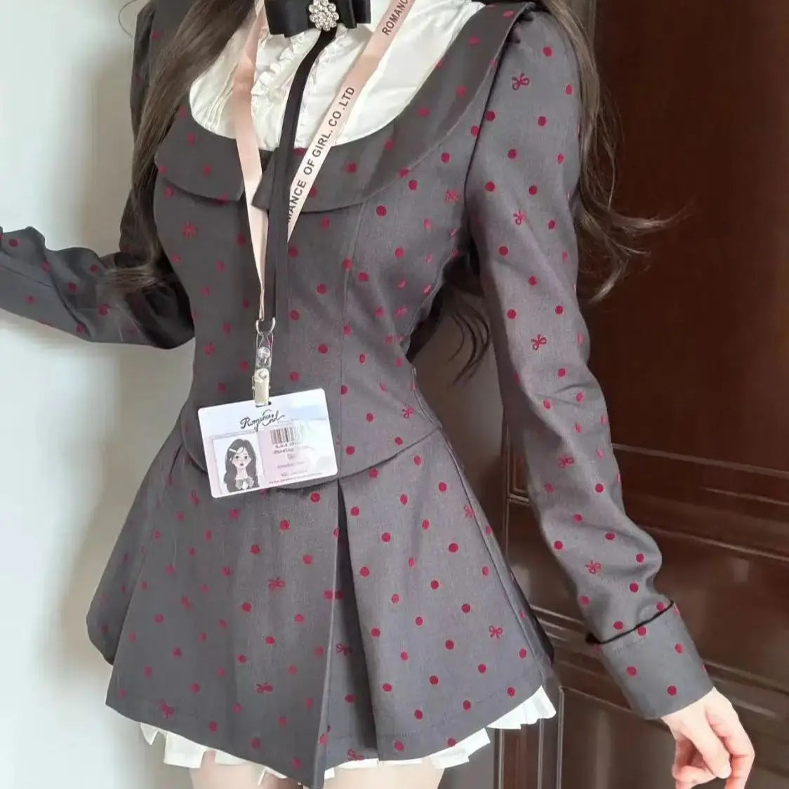 College Style Dress French Lapel Fake Twopiece Polka Dot Splicing Fungus Waist Dress Autumn New Aline Skirt