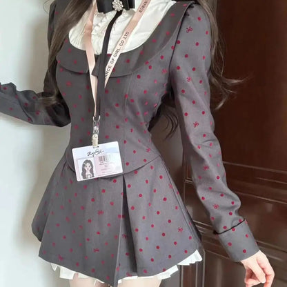 College Style Dress French Lapel Fake Twopiece Polka Dot Splicing Fungus Waist Dress Autumn New Aline Skirt