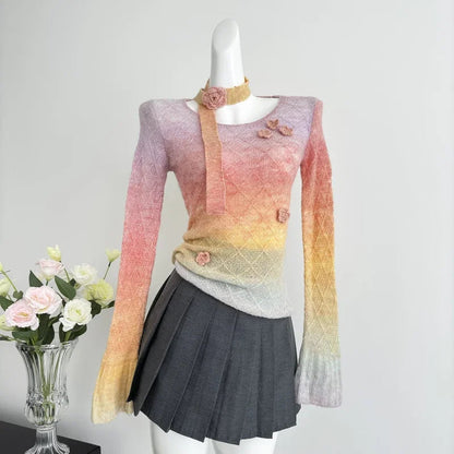 Sweet Hot Girl Gradient Slim Fit Sweater for Spring and Autumn Flower Oneck Knitted Pullover Female Clothes