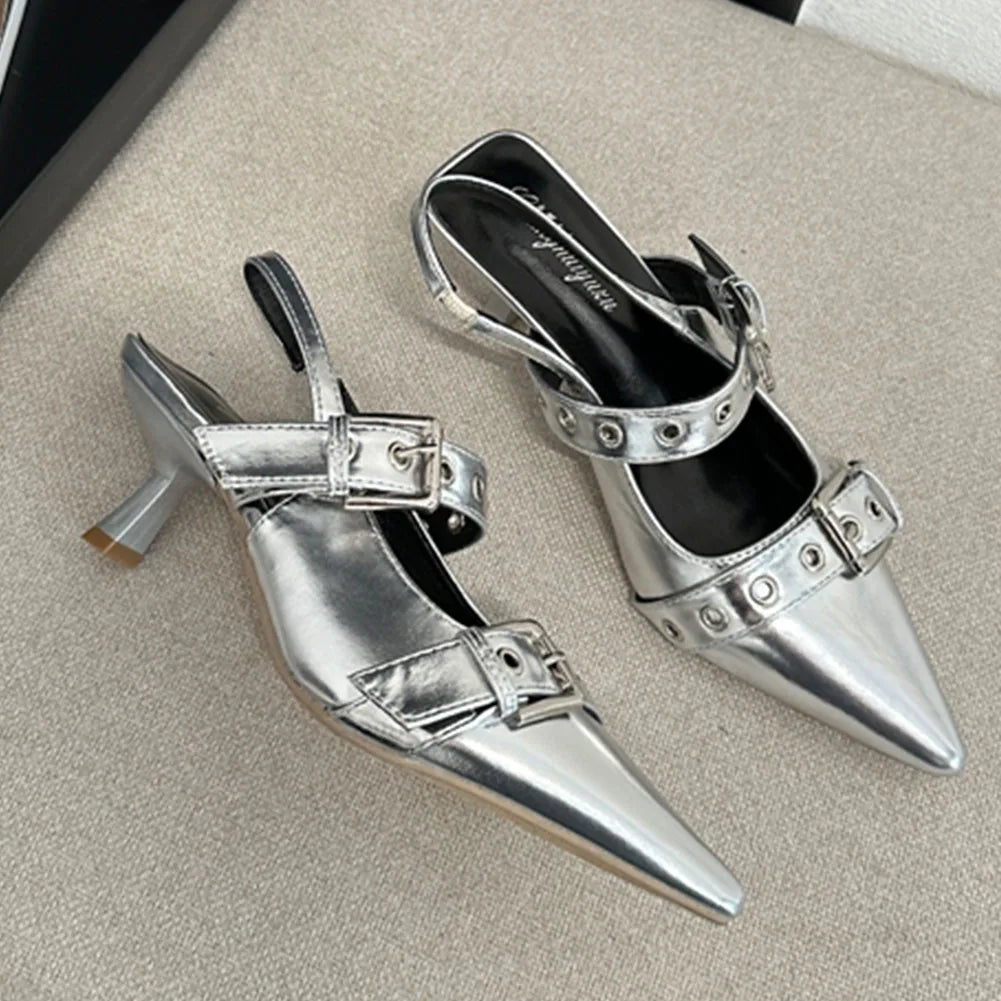 Pumps Belt Buckle Pointed Toe Black High Heel Mule Summer Slides Half Slipper Shoes for Big Size 43