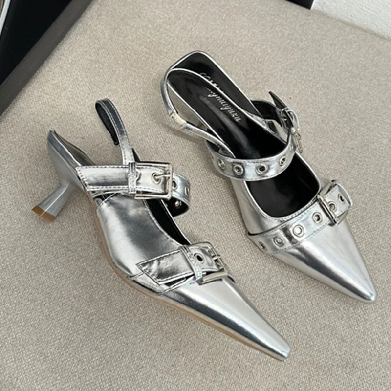 Pumps Belt Buckle Pointed Toe Black High Heel Mule Summer Slides Half Slipper Shoes for Big Size 43