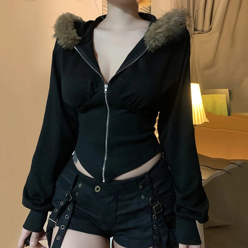 Y2k Fur Trim Hoodie Cardigan Basic Black Slim Cropped Jacket 90s Winter Zipper Coat Harajuku