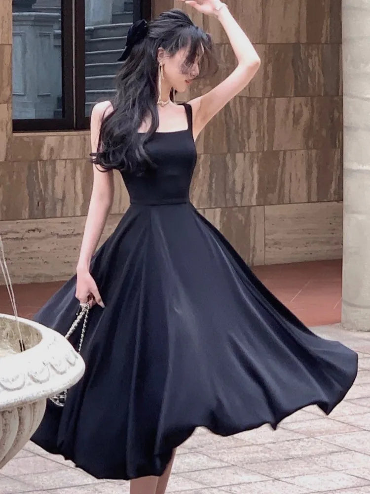 Satin Midi Dresses for Sleeveless Aline Summer Evening Party Dress French Prom Robe Vestido Mujer
