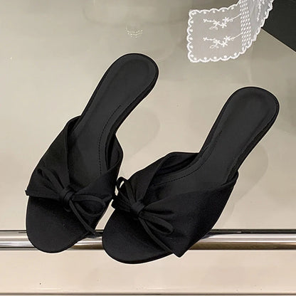 Summer Silk Butterfly Knot Slippers Sandals Shallow Open Toe Thin Low Heels Mules Slides Shoes Zapatos Mujer