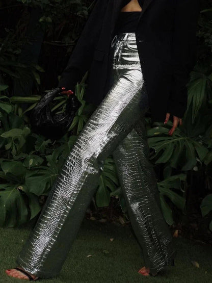 Silver Pu Pants Autumn Winter High Waist Loose Straight Trousers Party Y2k Girl Pants Trousers