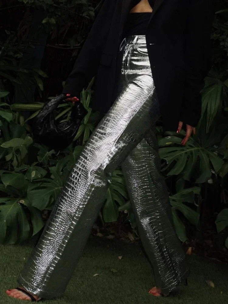 Silver Pu Pants Autumn Winter High Waist Loose Straight Trousers Party Y2k Girl Pants Trousers