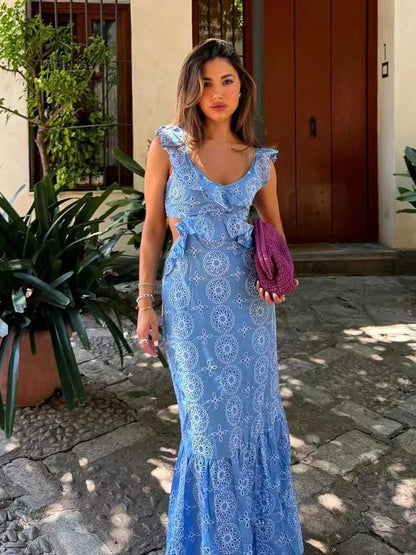 Blue Hollow Out Embroidered Midi Dress Summer New V Neck Sleeveless Ruffle Long Dresses Holiday Vestidos