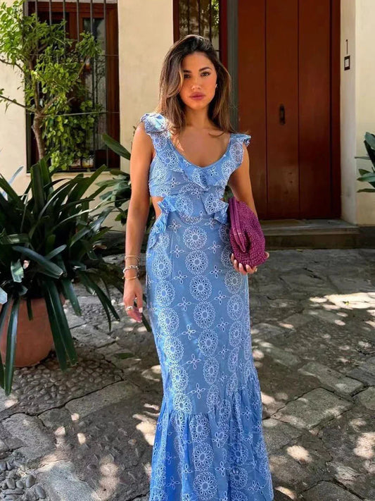 Blue Hollow Out Embroidered Midi Dress Summer New V Neck Sleeveless Ruffle Long Dresses Holiday Vestidos