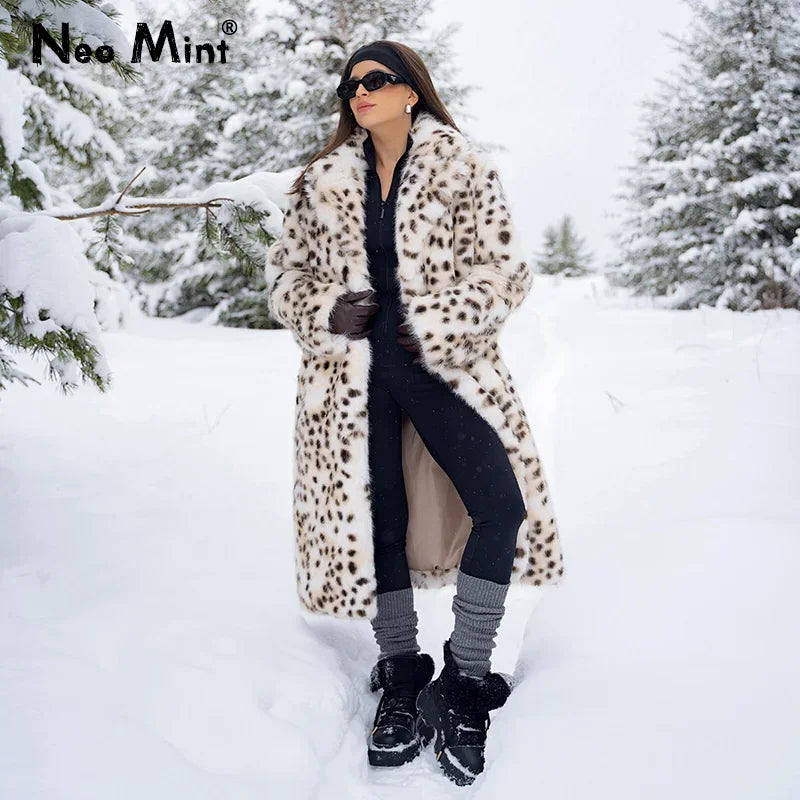 Maxi Long Leopard Belted Faux Fur Coat Winter Brand Mob Wife Vibe Fox Fur Jacket Overcoat
