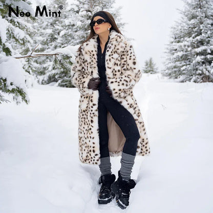 Maxi Long Leopard Belted Faux Fur Coat Winter Brand Mob Wife Vibe Fox Fur Jacket Overcoat