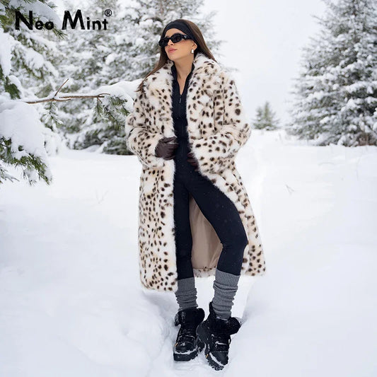 Maxi Long Leopard Belted Faux Fur Coat Winter Brand Mob Wife Vibe Fox Fur Jacket Overcoat