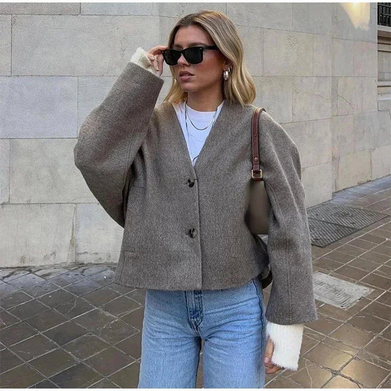 Single Breasted Short Coats Long Sleeves V Neck Crop Jackets Autumn Lady Commuter Outerwear