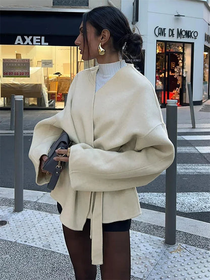 Lace-up White V-neck Overcoat Female Loose High Street Long Sleeve Autumn Patchwork Coat ’s Bandage Outwear New