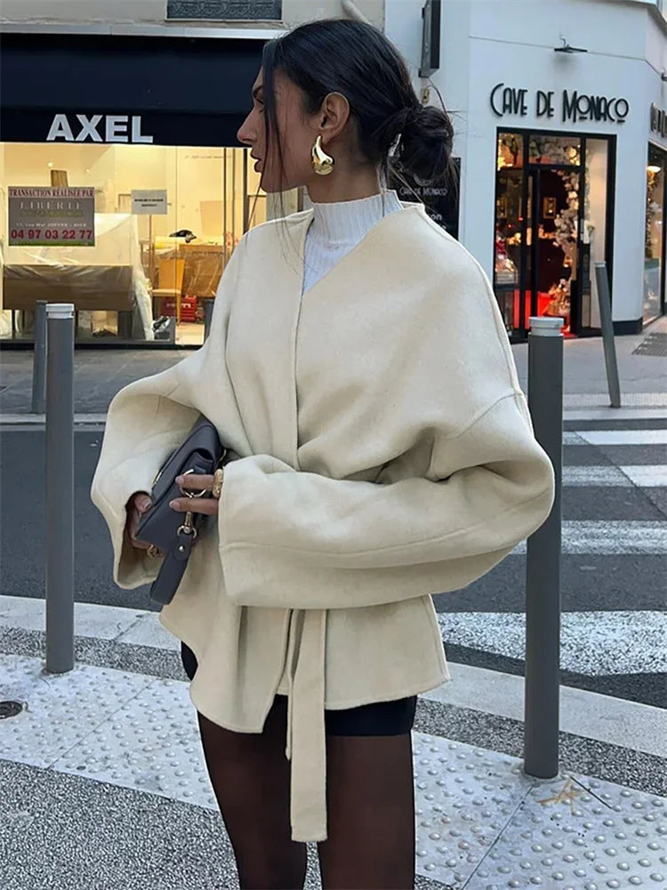 Lace-up White V-neck Overcoat Female Loose High Street Long Sleeve Autumn Patchwork Coat ’s Bandage Outwear New