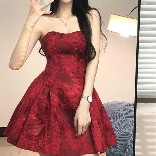 Y2k Red Dresses Aline Sleeveless Mini Dress Korean High Waist Vestidos Mujer