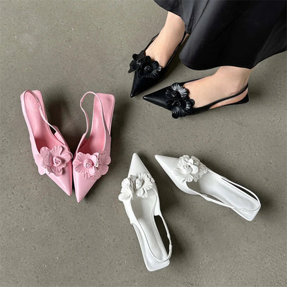 Flower Pointed Toe Thin Low Heels Pumps Wedding Slingback Shoes Mules Zapatos De Mujer
