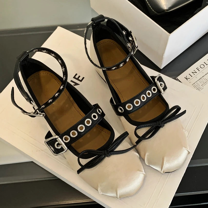 Rivet Ballerina Shoes Flat Designer Mules Shoes Fashions Round Toe Skeleton Ballet Shoes Metal Decoration Mary Jane Pumps