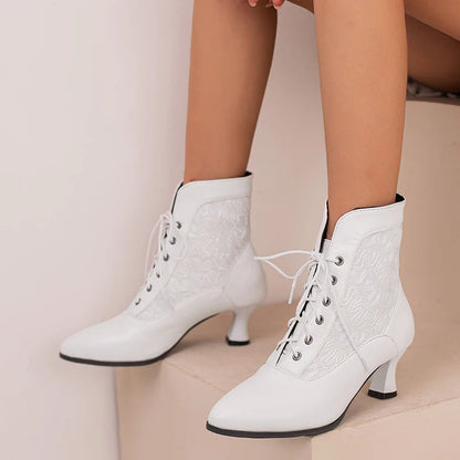 White Red Victorian Pointed Toe Ankle Boots Pu Leather Embroidered Laces Punk Crosstied Kitten High Heel Shoes
