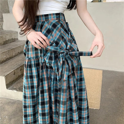 American Long Skirts for Arrival Plaid Lace Up High Waist Color Patchwork Pleated Skirts Skirt