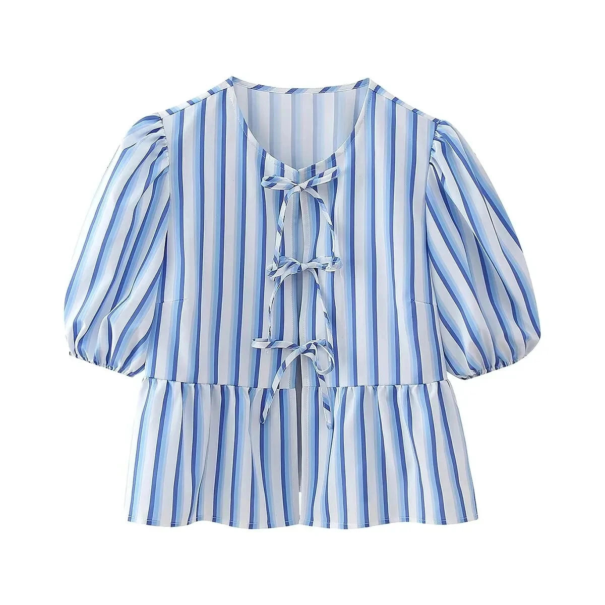 Summer Woman Bow Tied Lace Up Shirts Puff Short Sleeves Blouse Oneck Ruffle Color Tops