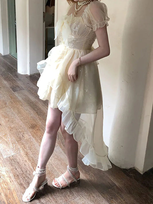 French Style Temperament Sweet for Dress New Spring Summer Sequinstighten the Waist Dress Bow Princess Mini Dress