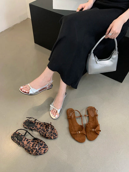 Silver Sandals Flats Brown Belt Buckle Shoes Summer Flats Sandal Comforts Sandalias De Mujer
